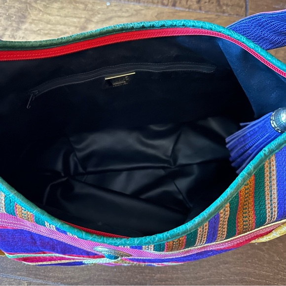 SHARIF Made in USA Multicolor Leather & Fabric Oversized BOHO Shoulder Bag Tote - Picture 8 of 9
